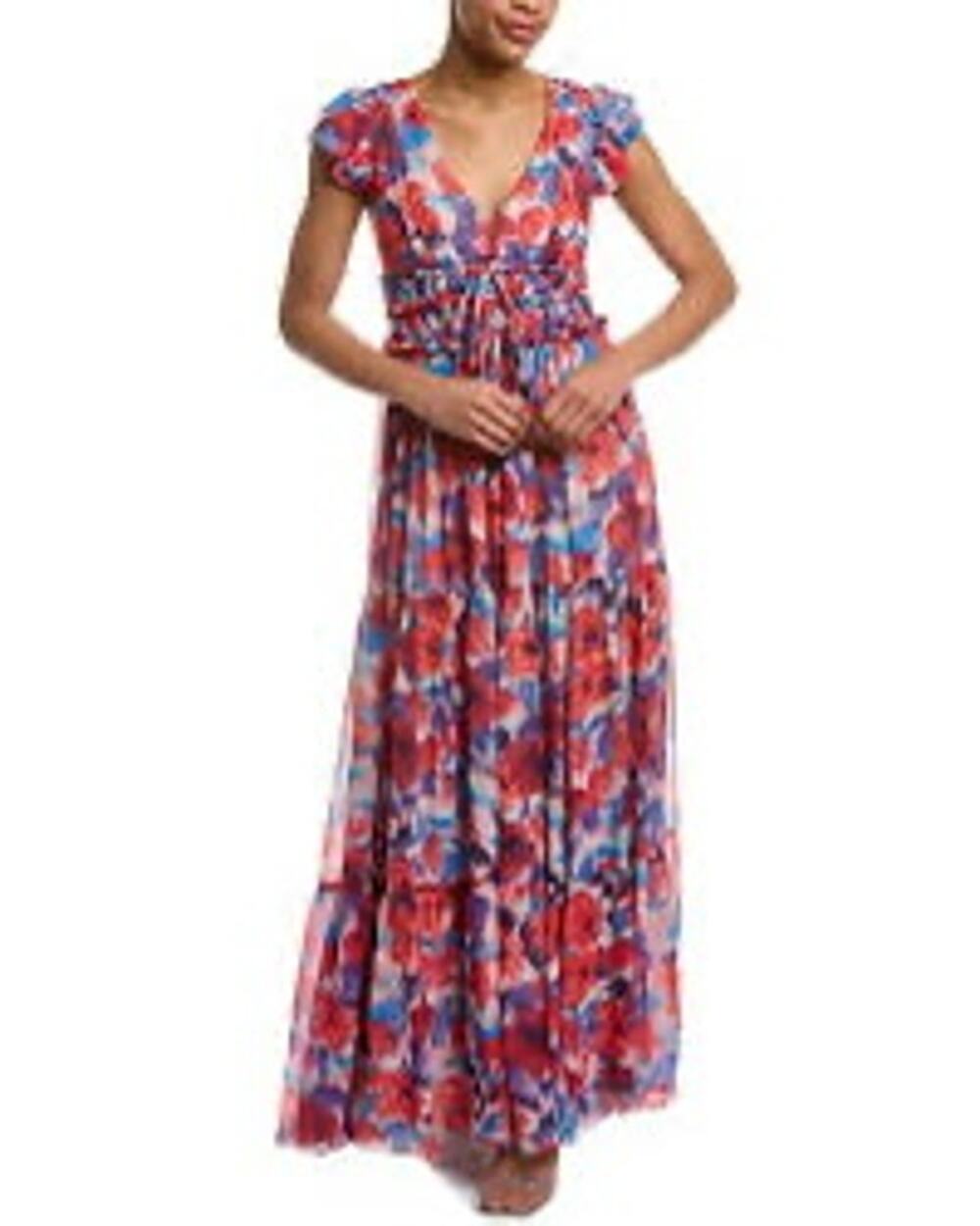 PatBO Violet Red Floral V Neck Flutter Sleeve Maxi Dress Size 6